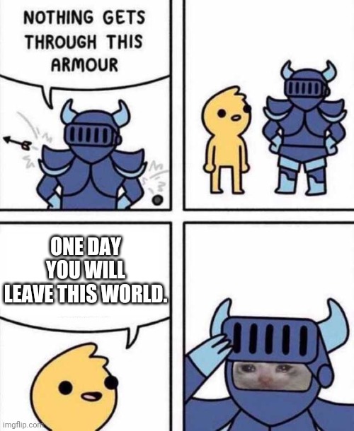 Nothing Gets Through This Armour | ONE DAY YOU WILL LEAVE THIS WORLD. | image tagged in nothing gets through this armour | made w/ Imgflip meme maker