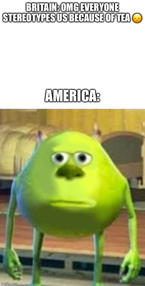 McDonalds | BRITAIN: OMG EVERYONE STEREOTYPES US BECAUSE OF TEA 😞; AMERICA: | image tagged in blank white template,mike wasowski | made w/ Imgflip meme maker