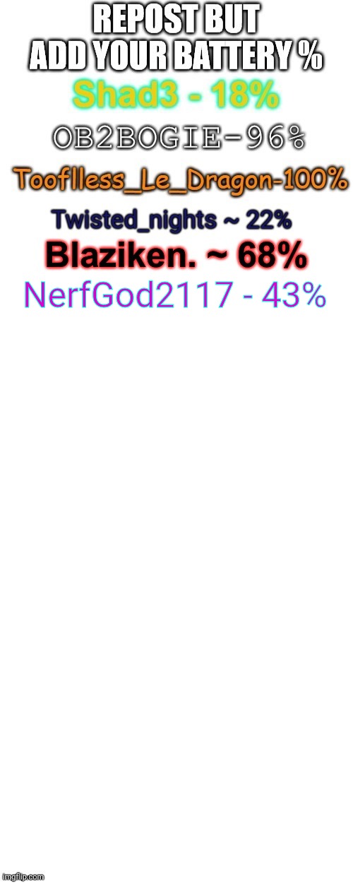 Repost but add your current battery percentage! | NerfGod2117 - 43% | image tagged in repost,battery,memes,reposts | made w/ Imgflip meme maker