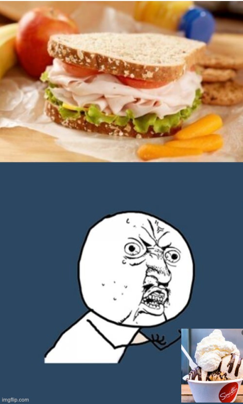 image tagged in y u no,ice cream,lunch,sandwich,treats | made w/ Imgflip meme maker