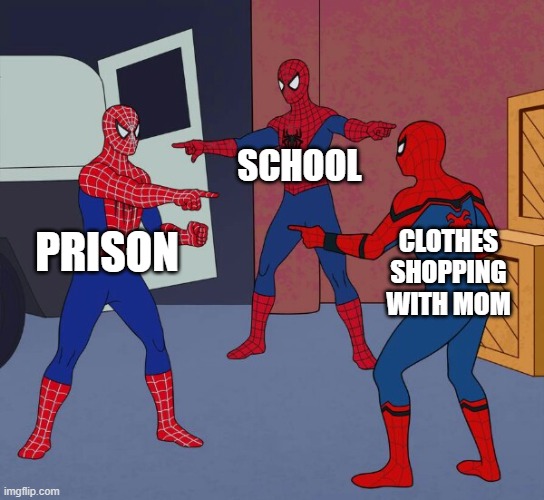 Spider Man Triple | SCHOOL; PRISON; CLOTHES SHOPPING WITH MOM | image tagged in spider man triple | made w/ Imgflip meme maker