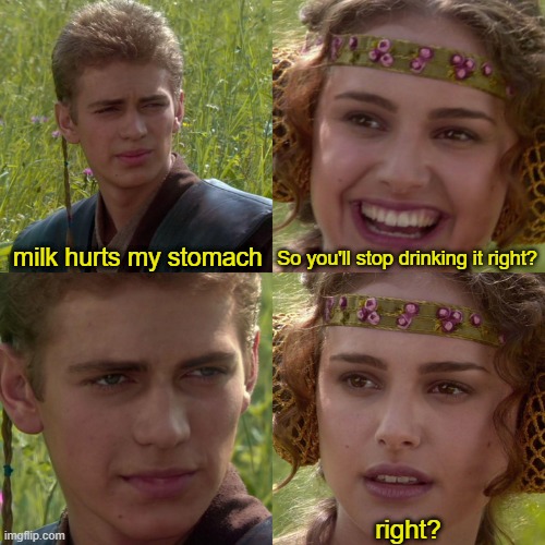 Anakin Padme 4 Panel | milk hurts my stomach; So you'll stop drinking it right? right? | image tagged in anakin padme 4 panel | made w/ Imgflip meme maker
