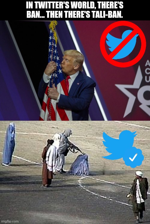 Mean Tweets or bullet to the head for wanting an education? | IN TWITTER'S WORLD, THERE'S BAN... THEN THERE'S TALI-BAN. | image tagged in taliban,afghanistan,donald trump,trump,ban,twitter | made w/ Imgflip meme maker