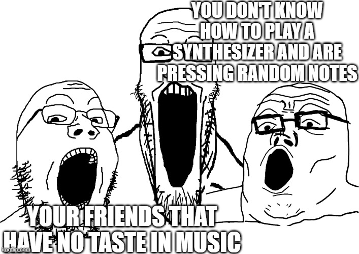 soyjak poggers | YOU DON'T KNOW HOW TO PLAY A SYNTHESIZER AND ARE PRESSING RANDOM NOTES; YOUR FRIENDS THAT HAVE NO TASTE IN MUSIC | image tagged in soyjak poggers | made w/ Imgflip meme maker
