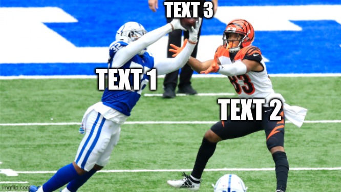 TEXT 3; TEXT 1; TEXT 2 | image tagged in colts bengals interception temp | made w/ Imgflip meme maker