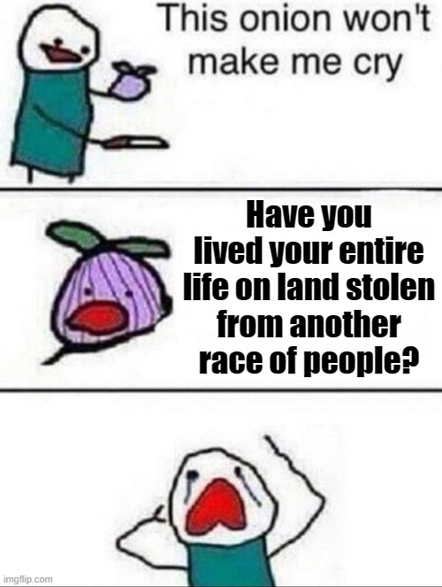 96% of humans do. | Have you lived your entire life on land stolen
from another race of people? | image tagged in this onion wont make me cry,world occupied,genocide,history | made w/ Imgflip meme maker