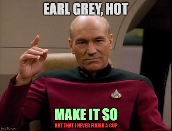 No time for tea, even in the 24th century | EARL GREY, HOT MAKE IT SO HOT THAT I NEVER FINISH A CUP DJ Anomalous | image tagged in picard make it so,tea,aint got no time fo dat,star trek,star trek the next generation,picard | made w/ Imgflip meme maker