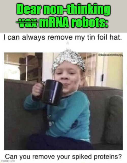 Worthy of reissue and forwarding | ____; Dear non-thinking
vax mRNA robots:; I CAN ALWAYS REMOVE MY TINFOIL HAT.  CAN YOU REMOVE YOUR SPIKE PROTEINS? | image tagged in covid-19,coronavirus,global pandemic,mrna vaccine,cdc,anthony fauci | made w/ Imgflip meme maker
