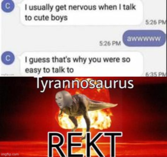 mega-oof if this is your crush | image tagged in tyrannosaurus rekt,funny,cute,destruction 100,funny texts,oof size large | made w/ Imgflip meme maker