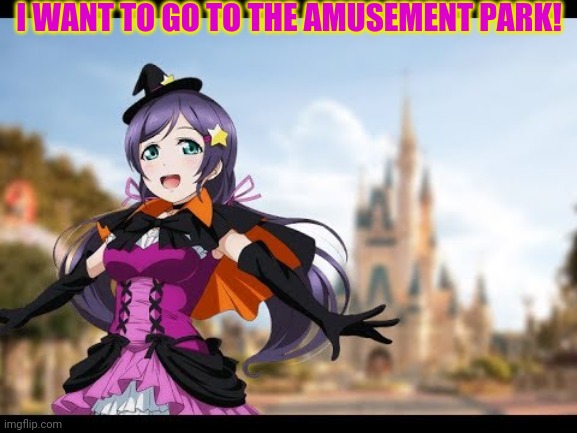 Disneyland |  I WANT TO GO TO THE AMUSEMENT PARK! | image tagged in disneyland,love live,nozomi tojo,anime girl | made w/ Imgflip meme maker