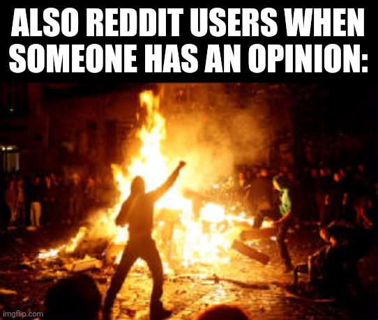 Anarchy Riot | ALSO REDDIT USERS WHEN SOMEONE HAS AN OPINION: | image tagged in anarchy riot | made w/ Imgflip meme maker