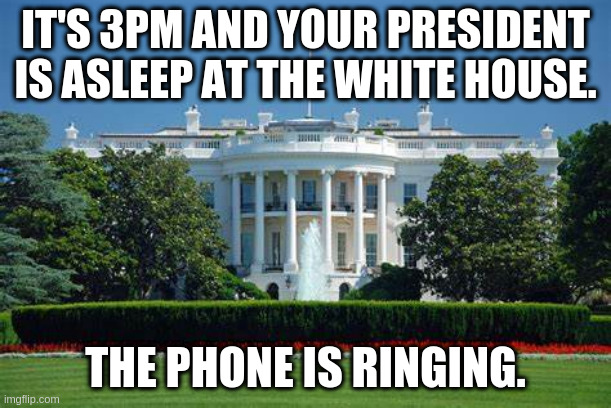 It's 3am. | IT'S 3PM AND YOUR PRESIDENT IS ASLEEP AT THE WHITE HOUSE. THE PHONE IS RINGING. | image tagged in politics | made w/ Imgflip meme maker