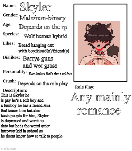 Skyler | Skyler; Male/non-binary; Depends on the rp; Wolf human hybrid; Bread hanging out with boyfriend(s)/friend(s); Barrys guns and wet grass; Emo femboy that’s also a soft boy; Depends on the role play; Any mainly romance; This is Skyler he is gay he’s a soft boy and a femboy he has a friend Ava that teases him but also beats people for him, Skyler is depressed and wants to date but he is the weird quiet introvert kid in school so he doent know how to talk to people | image tagged in rp stream oc showcase | made w/ Imgflip meme maker