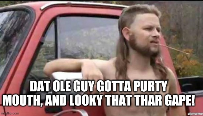 almost politically correct redneck | DAT OLE GUY GOTTA PURTY MOUTH, AND LOOKY THAT THAR GAPE! | image tagged in almost politically correct redneck | made w/ Imgflip meme maker