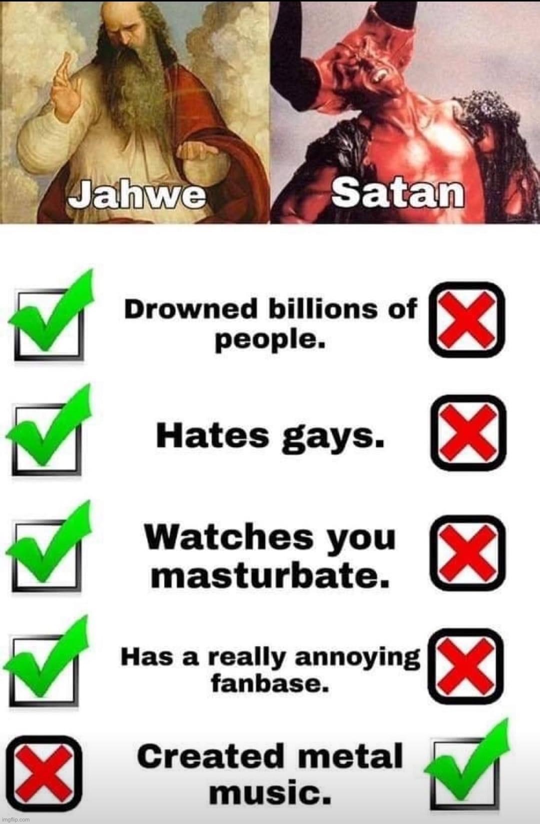 #SatanStanConfirmed | image tagged in jahwe vs satan,satan,god,christianity,repost,religion | made w/ Imgflip meme maker