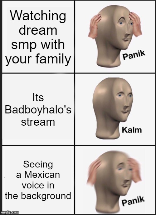 Dream Smp memes | Watching dream smp with your family; Its Badboyhalo's stream; Seeing a Mexican voice in the background | image tagged in memes,panik kalm panik | made w/ Imgflip meme maker