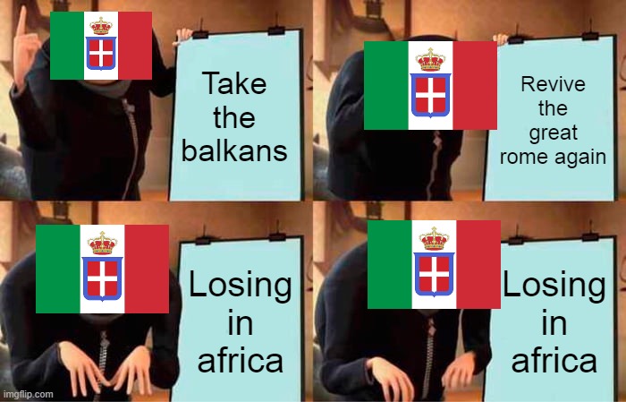 Italy in ww2 be like | Take the balkans; Revive the great rome again; Losing in africa; Losing in africa | image tagged in memes,gru's plan | made w/ Imgflip meme maker