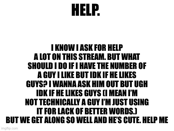 Ugh ahh ugh help me I’m conflicted I don’t wanna be hurt and made fun of | HELP. I KNOW I ASK FOR HELP A LOT ON THIS STREAM. BUT WHAT SHOULD I DO IF I HAVE THE NUMBER OF A GUY I LIKE BUT IDK IF HE LIKES GUYS? I WANNA ASK HIM OUT BUT UGH IDK IF HE LIKES GUYS (I MEAN I’M NOT TECHNICALLY A GUY I’M JUST USING IT FOR LACK OF BETTER WORDS.) BUT WE GET ALONG SO WELL AND HE’S CUTE. HELP ME | image tagged in lgbtq,help me | made w/ Imgflip meme maker