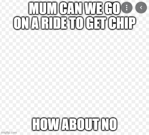 MUM CAN WE GO ON A RIDE TO GET CHIP; HOW ABOUT NO | image tagged in funny | made w/ Imgflip meme maker