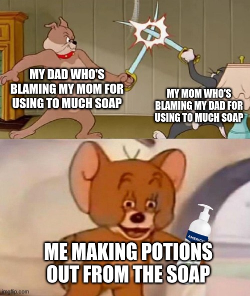 Me_IRL | MY DAD WHO'S BLAMING MY MOM FOR USING TO MUCH SOAP; MY MOM WHO'S BLAMING MY DAD FOR USING TO MUCH SOAP; ME MAKING POTIONS OUT FROM THE SOAP | image tagged in tom and jerry swordfight | made w/ Imgflip meme maker