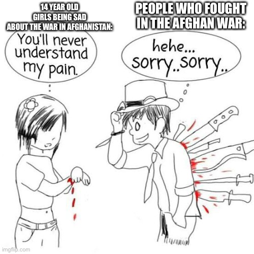 You'll never understand my pain | PEOPLE WHO FOUGHT IN THE AFGHAN WAR:; 14 YEAR OLD GIRLS BEING SAD ABOUT THE WAR IN AFGHANISTAN: | image tagged in you'll never understand my pain | made w/ Imgflip meme maker
