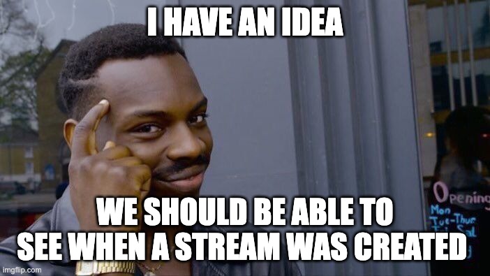 Roll Safe Think About It Meme | I HAVE AN IDEA; WE SHOULD BE ABLE TO SEE WHEN A STREAM WAS CREATED | image tagged in memes,roll safe think about it,suggestion | made w/ Imgflip meme maker