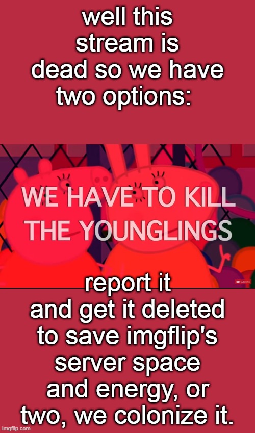 btw guys please dont follow the stream, you'll make the same mistake as VoidMemez. | well this stream is dead so we have two options:; report it and get it deleted to save imgflip's server space and energy, or two, we colonize it. | image tagged in we have to kill the younglings | made w/ Imgflip meme maker