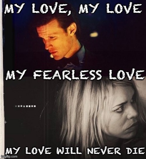 Fearless love | MY LOVE, MY LOVE; MY FEARLESS LOVE; MY LOVE WILL NEVER DIE | image tagged in doctor who,eleventh doctor,rose tyler | made w/ Imgflip meme maker