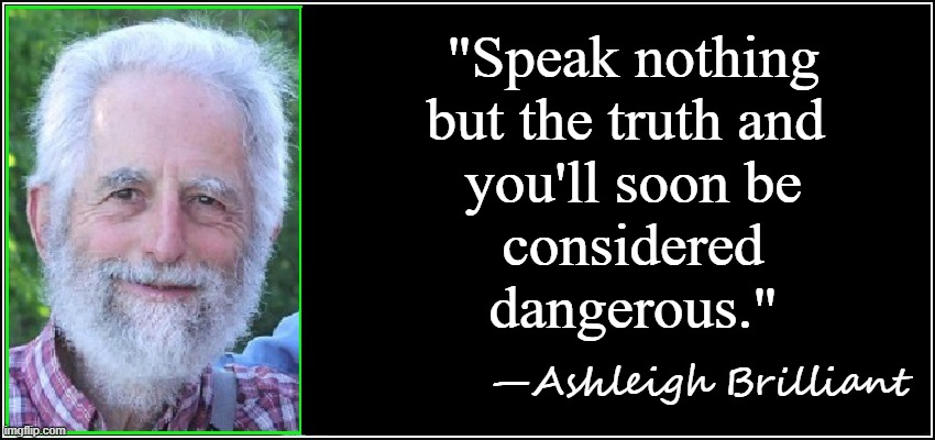 Never thought I'd live to see this, but these are dangerous times | "Speak nothing
but the truth and 
you'll soon be
considered
dangerous."; —Ashleigh Brilliant | image tagged in vince vance,ashleigh,brilliant,speaking the truth,dangerous,times | made w/ Imgflip meme maker