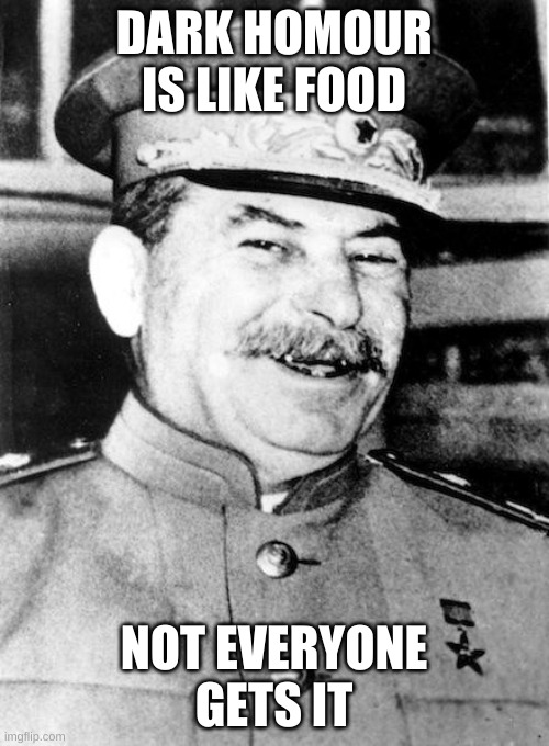Stalin smile | DARK HOMOUR IS LIKE FOOD NOT EVERYONE GETS IT | image tagged in stalin smile | made w/ Imgflip meme maker