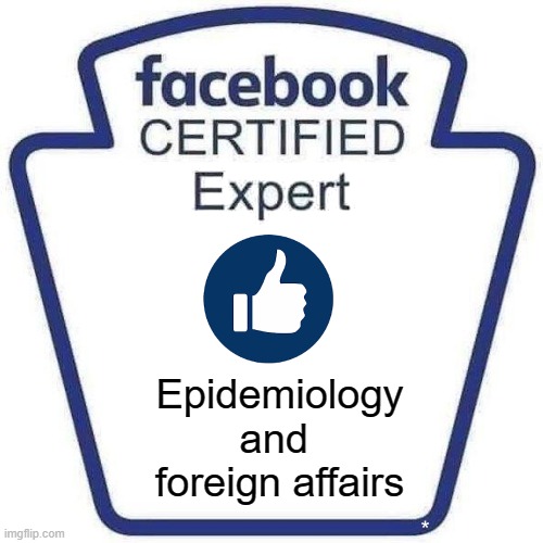 Facebook Expert | Epidemiology
and 
foreign affairs | image tagged in facebook certified expert badge 1 | made w/ Imgflip meme maker