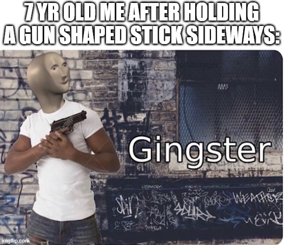 Ginster | 7 YR OLD ME AFTER HOLDING A GUN SHAPED STICK SIDEWAYS: | image tagged in ginster | made w/ Imgflip meme maker