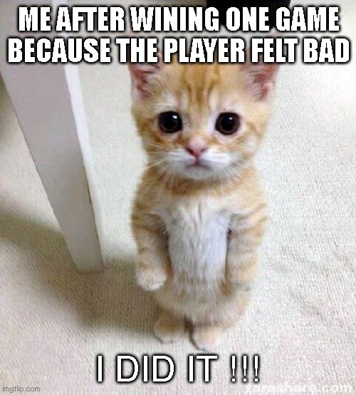 Cute Cat | ME AFTER WINING ONE GAME BECAUSE THE PLAYER FELT BAD; I DID IT !!! | image tagged in memes,cute cat | made w/ Imgflip meme maker