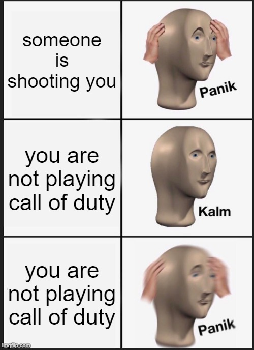 Panik Kalm Panik Meme | someone is shooting you; you are not playing call of duty; you are not playing call of duty | image tagged in memes,panik kalm panik | made w/ Imgflip meme maker