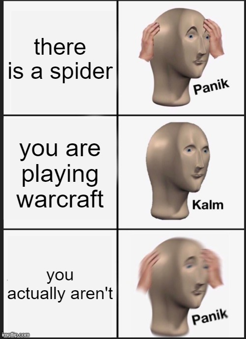 Panik Kalm Panik | there is a spider; you are playing warcraft; you actually aren't | image tagged in memes,panik kalm panik,warcraft | made w/ Imgflip meme maker