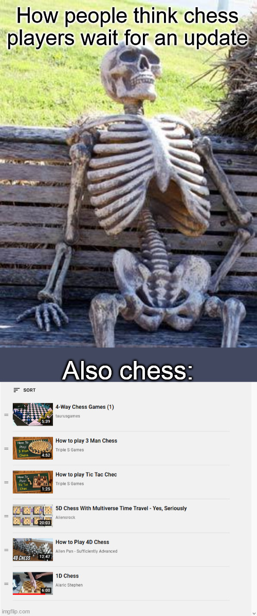 ..... | How people think chess players wait for an update; Also chess: | image tagged in memes,waiting skeleton,chess | made w/ Imgflip meme maker