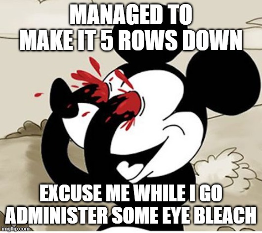 mickey eyes | MANAGED TO MAKE IT 5 ROWS DOWN; EXCUSE ME WHILE I GO ADMINISTER SOME EYE BLEACH | image tagged in mickey eyes | made w/ Imgflip meme maker