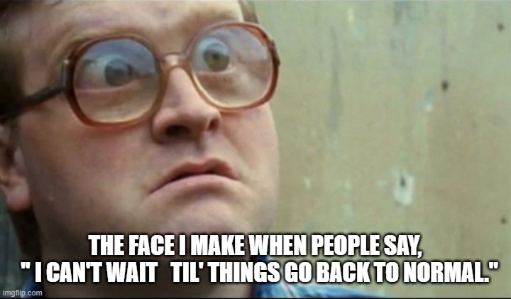 Dumbfounded Bubbles | THE FACE I MAKE WHEN PEOPLE SAY,
  " I CAN'T WAIT   TIL' THINGS GO BACK TO NORMAL." | image tagged in dumbfounded bubbles | made w/ Imgflip meme maker