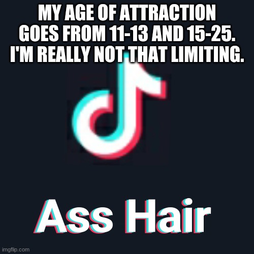 Tiktok Ass Hair | MY AGE OF ATTRACTION GOES FROM 11-13 AND 15-25. I'M REALLY NOT THAT LIMITING. | image tagged in tiktok ass hair | made w/ Imgflip meme maker