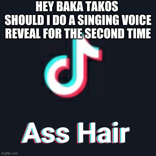 Tiktok Ass Hair | HEY BAKA TAKOS 
SHOULD I DO A SINGING VOICE REVEAL FOR THE SECOND TIME | image tagged in tiktok ass hair | made w/ Imgflip meme maker