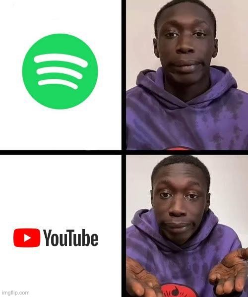 I don't get why people pay for Spotify when you can use YT for free. | image tagged in youtube,spotify | made w/ Imgflip meme maker