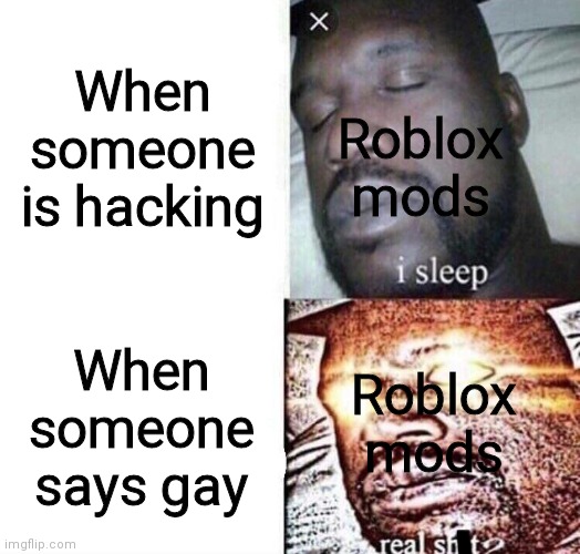Roblox mods be like: | When someone is hacking; Roblox mods; When someone says gay; Roblox mods | image tagged in i sleep real shit,roblox meme,memes,banned from roblox,roblox,meme | made w/ Imgflip meme maker