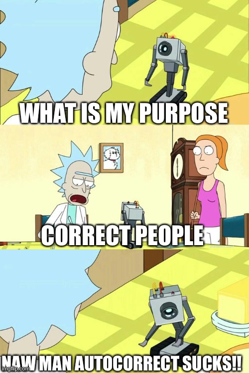 What's My Purpose - Butter Robot | WHAT IS MY PURPOSE; CORRECT PEOPLE; NAW MAN AUTOCORRECT SUCKS!! | image tagged in what's my purpose - butter robot,autocorrect,memes,funny,stop reading the tags,seriously stop | made w/ Imgflip meme maker