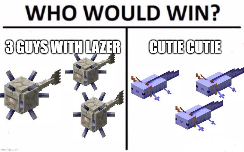Who Would Win? | 3 GUYS WITH LAZER; CUTIE CUTIE | image tagged in memes,who would win,minecraft,axolotl,funny,fun | made w/ Imgflip meme maker