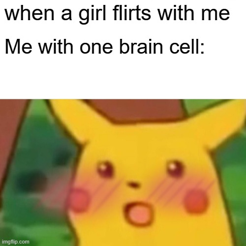 blush boi | when a girl flirts with me; Me with one brain cell: | image tagged in memes,surprised pikachu | made w/ Imgflip meme maker
