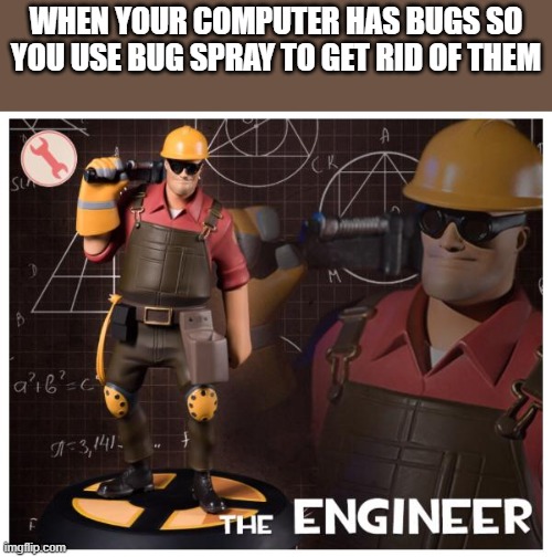 The engineer |  WHEN YOUR COMPUTER HAS BUGS SO YOU USE BUG SPRAY TO GET RID OF THEM | image tagged in the engineer | made w/ Imgflip meme maker