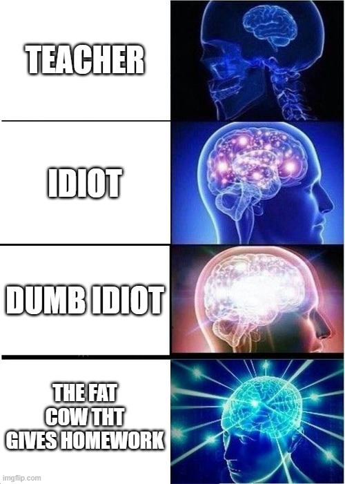 Expanding Brain | TEACHER; IDIOT; DUMB IDIOT; THE FAT COW THT GIVES HOMEWORK | image tagged in memes,expanding brain | made w/ Imgflip meme maker