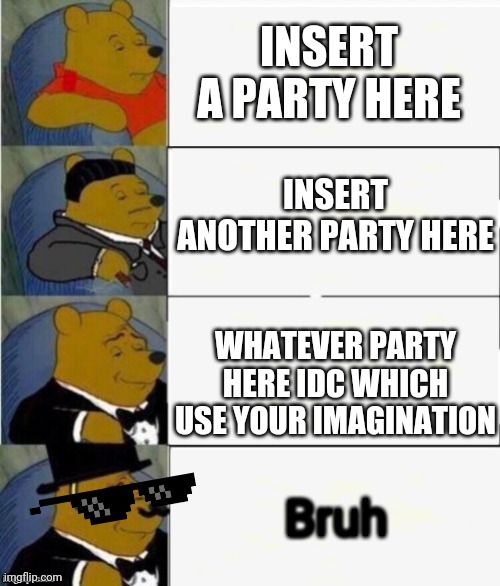 Tuxedo Winnie the Pooh 4 panel | INSERT A PARTY HERE INSERT ANOTHER PARTY HERE WHATEVER PARTY HERE IDC WHICH USE YOUR IMAGINATION Bruh | image tagged in tuxedo winnie the pooh 4 panel | made w/ Imgflip meme maker