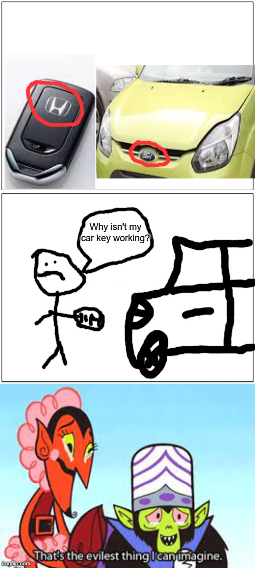 Yeah, use it for taking revenge | Why isn't my car key working? | image tagged in memes,blank comic panel 1x2,honda,ford,funny memes,lol so funny | made w/ Imgflip meme maker