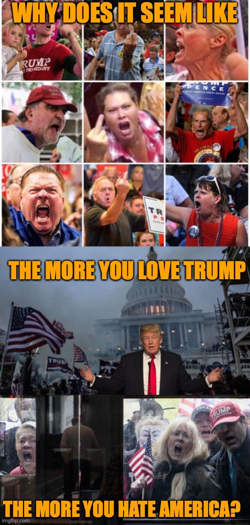 WHY DOES IT SEEM LIKE; THE MORE YOU LOVE TRUMP; THE MORE YOU HATE AMERICA? | image tagged in triggered trump supporters,misconstrued coup,trump michigan protesters | made w/ Imgflip meme maker